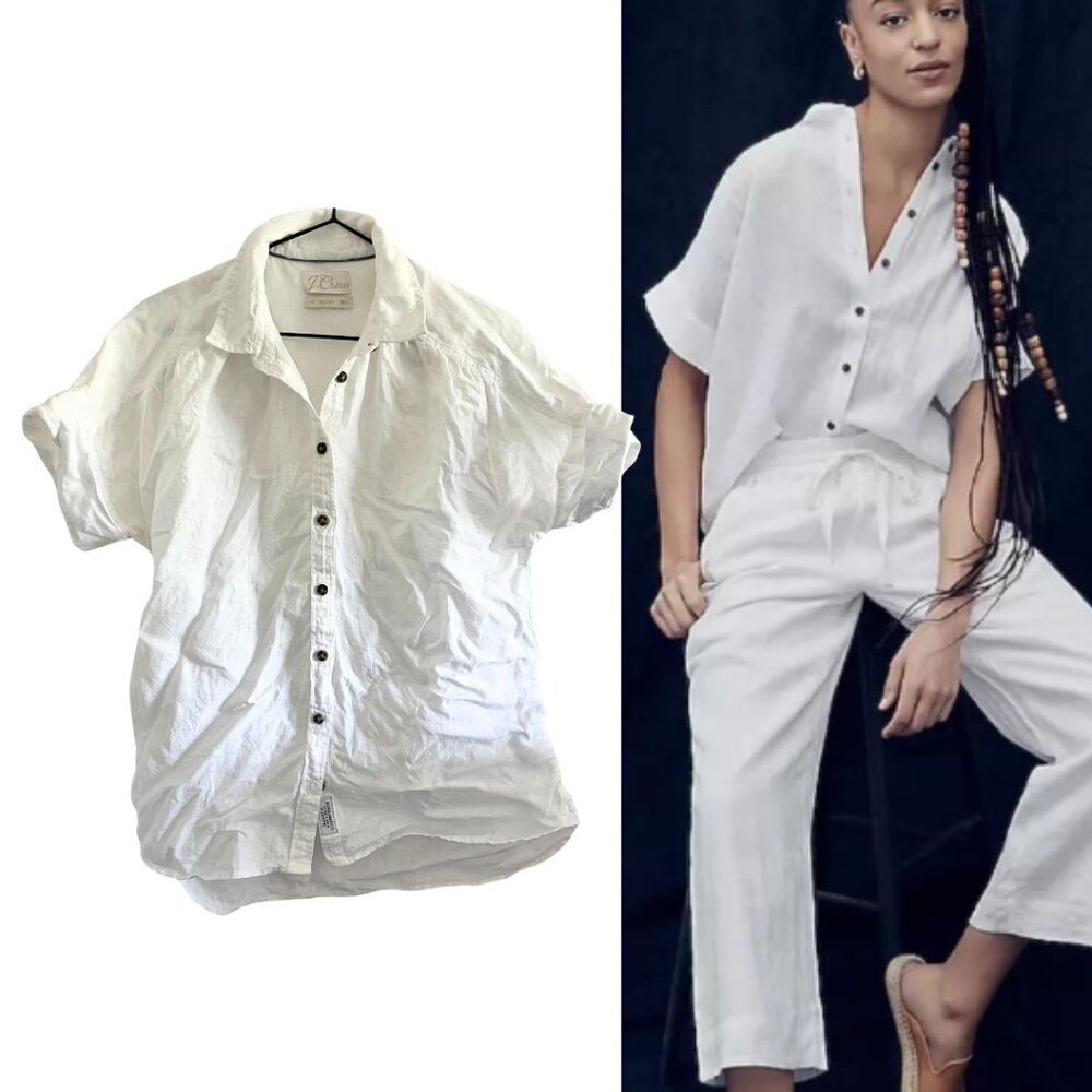 J. CREW White Baird McNut 100% Linen Relaxed Fit Short Sleeve Button Up Shirt